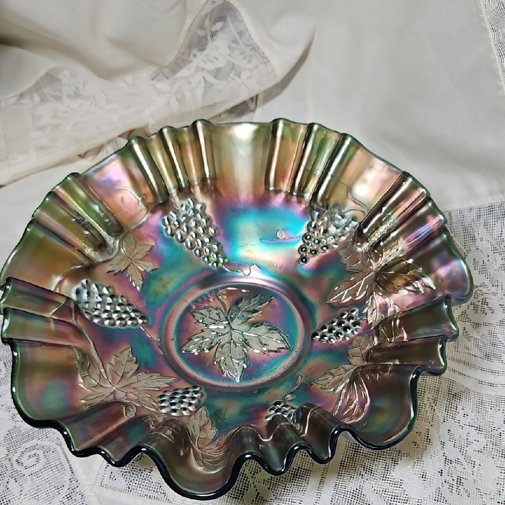 Fenton Iridescent Ruffled Glass Bowl with Grape Design